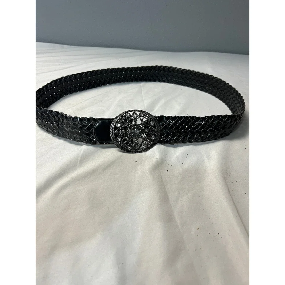 Black Braided Faux Leather Belt 10 Round Filigree Rhinestone Buckle Boho Western